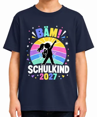 Productafbeelding van Bäm Schulkind 2027, meisjes, schoolstart, regenboog, eerste schooldag, kinder T-shirt, marineblauw, maat 140