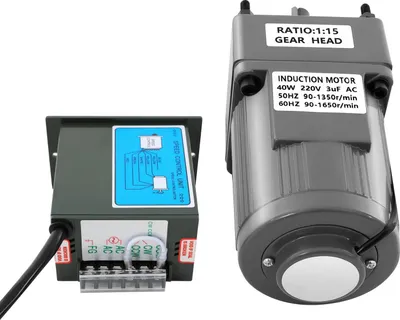 Obrázek produktu pro Průmyslový převodový motor – asynchronní – 40 W, 220 V střídavého proudu, jednofázový – převodový poměr 15:1 – výstupní otáčky 0–90 ot./min – točivý moment 3,86 N·m – hřídel 12 mm – regulátor otáček