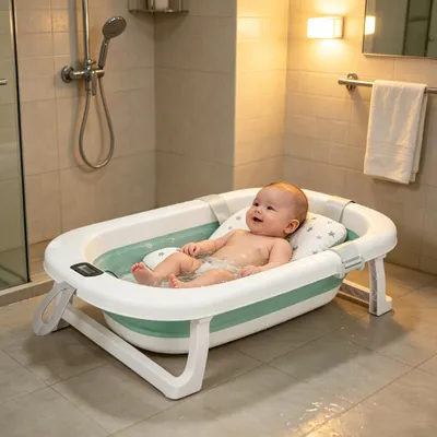 Produktbild von Baby Badewanne mit Thermometer,Groß Babybadewanne mit Sitzmatte Tragbare Reisebadewanne für Neugeborene von 0-36 Monaten 80x50x23 Grün