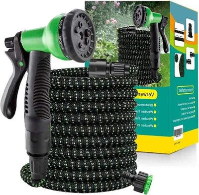 Image de Tuyau d'arrosage en plastique avec 8 buses - Adaptateur et crochets - Système d'irrigation en plastique pour le jardin et le lavage de voiture - Vert, 225 m