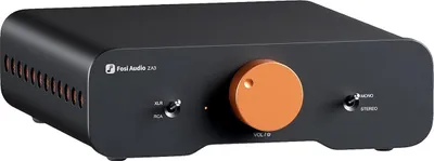 A black Fosi Audio ZA3 amplifier with an orange volume knob.