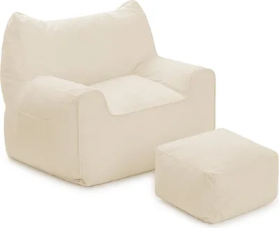 A beige beanbag chair and ottoman set on a white background.