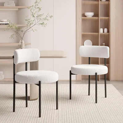 Produktbild von Esszimmerstühle 2er Set,Teddy Stoff Runde Boucle Gepolsterter Küchenstuhl,Ergonomischer Essstuhl mit Metallbeinen für Wohnzimmer,Küche (Creme)