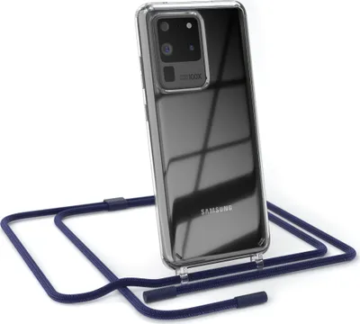 Produktbild von EAZY CASE Handykette für Samsung Galaxy S20 Ultra / S20 Ultra 5G, Clear Case aus Silikon, mit Umhängeband, abnehmbare Endstücke, Handyband in Blau