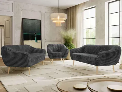 Produktbild von MKS MEBLE Couchgarnitur PIRS 3-3-1, Set mit Armlehnen, Wellenfederung, Buche Füße, Dreisitzer Sofas mit Sessel, Sitzgruppe Wohnzimmer - Grau Cord