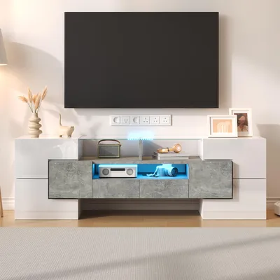 Image de okwish Meuble TV / buffet / vitrine / lowboard avec rangement et LED, design moderne, plateau en verre 145 cm – blanc