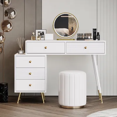 Immagine prodotto di Abrihome set di tavolini da toilette-100x78x40cm con illuminazione a LED, specchio e 5 cassetti, mobiletto laterale estraibile, bianco