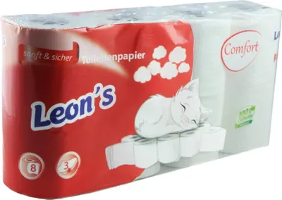 Produktbild von 8x8 Rollen à 250 Blatt “Leon's“ Toilettenpapier 3-lagig weiß – 100 % Zellstoff