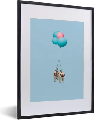 Produktbild von MuchoWow® MuchoWow® Gerahmtes Poster Zwei Möpse auf blauen und rosa Luftballons 30x40 cm - Poster mit zchwarzem Bilderrahmen - Wandposter Schlafzimmer