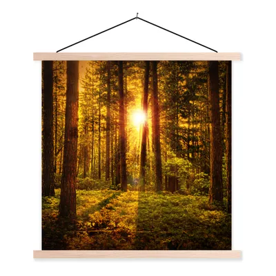 Produktbild von MuchoWow® Textilposter Wald - Sonne - Bäume - Natur - Sonnenuntergang 60x60 cm mit holzfarbenen Rahmen - Wanddekoration