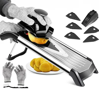 A person is using a mandoline slicer to cut a potato, with various blades and cut potatoes shown.