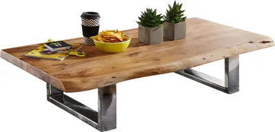 Produktbild von Couchtisch 115 x 25 x 58 cm Akazie Massiv Holz Metallgestell groß | Baumstamm Wohnzimmertisch Massivholz Braun | Baumkante Sofatisch Landhaus Holztisch | Tisch Wohnzimmer Stubentisch