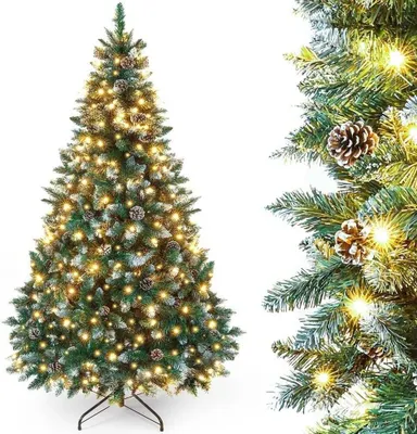 Zdjęcie produktu dla Sztuczna choinka Yorbay 210 cm z oświetleniem i białym śniegiem, choinka LED do dekoracji świątecznych z szyszkami