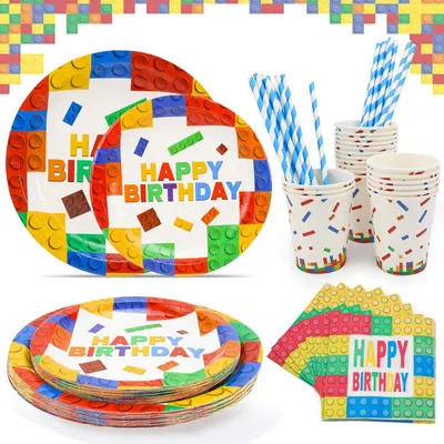Image de Omgoods - Ensemble de 20 assiettes pour enfant sur le thème des blocs de construction, idéal pour les fêtes
