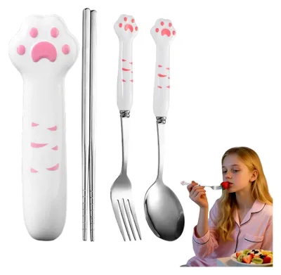 Produktbild von Essstäbchen mit Katzenpfoten-Design | Wiederverwendbares Edelstahl-Besteck für Reisen, Picknick und Schule
