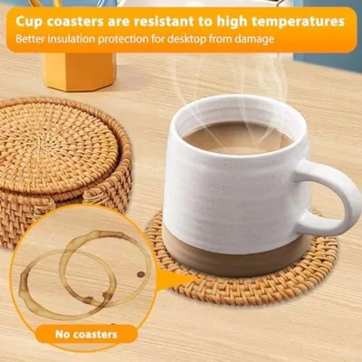 Produktbild von PolkaHome® Rotan Untersetzer Set mit Halter – 6 Stück Natürliche Tischschoner, 9 cm, Bambus