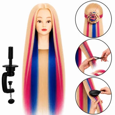 Immagine prodotto di Testa da parrucchiere per allenamento Iza con capelli termici lunghi 90 cm e treppiede, Immagine generata dall'IA