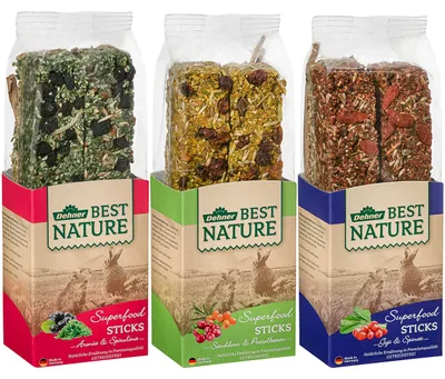 Produktbild von Dehner Best Nature Nagersnack, Superfood Sticks getreidefrei, für Zwergkaninchen / Nager, im Mix, 3 x 140 g (420 g)