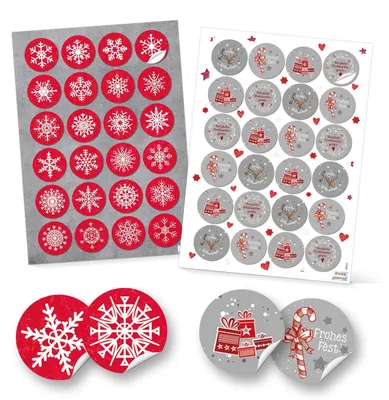 Produktbild von SET 2 x 24 weihnachtliche Geschenkaufkleber Weihnachtsaufkleber Schneeflocken + Text Frohe Weihnachten 4 cm in rot grau weiß Verpackung Geschenke give-away Geschenkverpackung