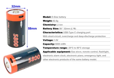 Immagine prodotto di PowerSmart 4-pack, batteria agli ioni di litio a celle D, 1,5 V, 5800 mWh, con connessione di tipo C