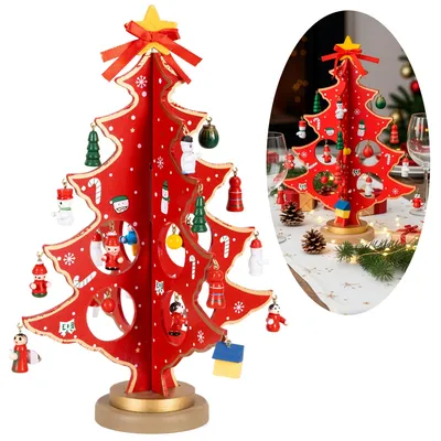 Productafbeelding van Kerstboom | Bouwpakket | Ornamenten | Rood | 29 Cm | Hout