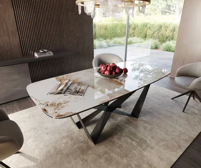 Produktbild von DELIFE Esstisch Edge Boot 200x100 Keramik Minas Melange Weiß-Beige Spider Flachstahl Schwarz