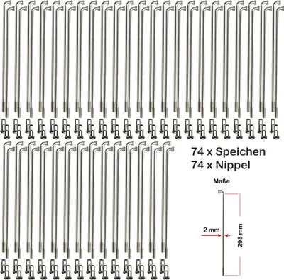 Produktbild von 74 Stück Speichen 298mm Spokes silber NIROSTA 2mm inkl. Messing Speichennippel