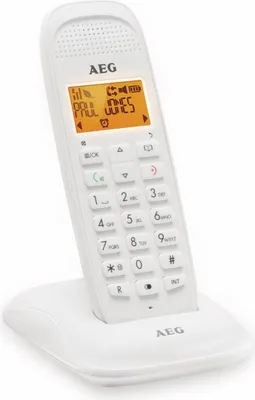 A white cordless DECT telephone with its charging base, shown at an angle.