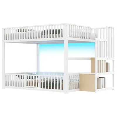Produktbild von Etagenbett mit 1 Lattenrost, RGB LED-Streifen, Rausfallschutz und Tür, Treppe mit Regal, Kinderbett, Metallbett, 140x200 cm