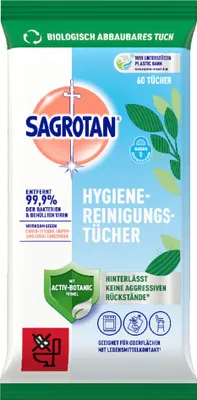 Produktbild von Sagrotan, Hygienetücher für die praktische Flächenreinigung und -desinfektion, feuchte Tücher, 60 Stück