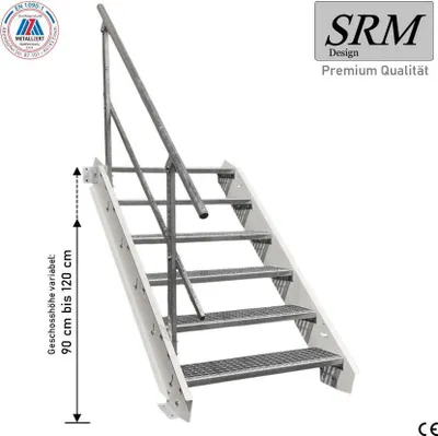 Obrázek produktu pro 6 stupňů ocelového schodiště bílé Šířka 80 cm Výška schodiště 90 - 120 cm 1x zábradlí