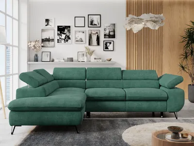 Produktbild von Ecksofa Sofa Grün, Wohnlandschaft L-Form mit Schlaffunktion und Bettkasten, Schlafsofa mit Bettkasten, Sofa mit Einstellbare Kopfstützen, Peter L - Grün Struktur - Links Grün