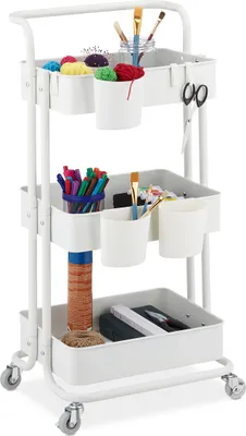 Image de Chariot Relaxdays, 3 étages, 2 freins, chariot polyvalent pour la cuisine et le bureau, étagère à roulettes H 86 x L 38 x P 39 cm, métal, blanc