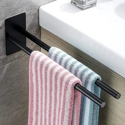 Immagine prodotto di Portasciugamani Unyqoos® (adesivo, senza foratura) – 2 bracci, acciaio inossidabile, nero opaco, da montare a parete, per bagno e cucina