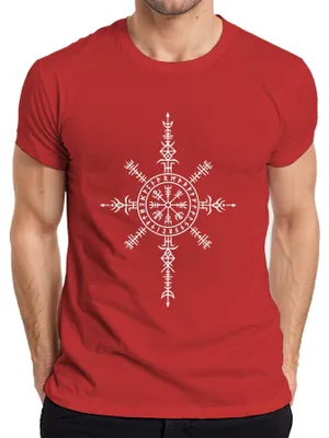 Immagine prodotto di T-shirt da uomo, colore rosso, taglia XXL, con motivo "Vegvisir", "Aegishjalmur", simboli runici nordici e riferimenti alla mitologia nordica