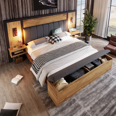 Produktbild von Flieks Doppelbett Jugendbett 180x200cm mit Verstellbarer Leselampe, Stauraumbett mit Ladefunktion, Schlafzimmerset mit Sitzbank & Nachttisch