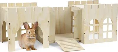 Productafbeelding van Houten kasteel speel - En slaaphuisje voor konijn - Binnen en buiten - 114 x 40 x 385 cm - Groot - Dikke mdf - Plaat