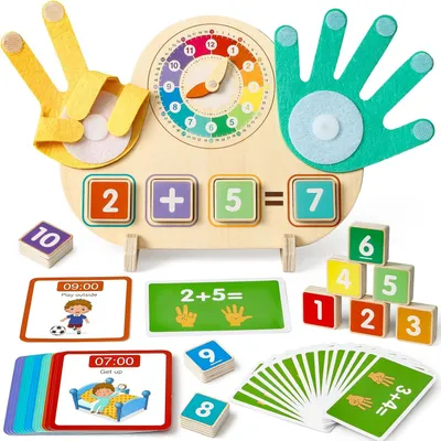 Productafbeelding van Montessori Speelgoed vanaf 3 jaar - Houten wiskunde - Educatief speelgoed - Klok en vingertellen - Cijferbouwstenen en rekencijfers
