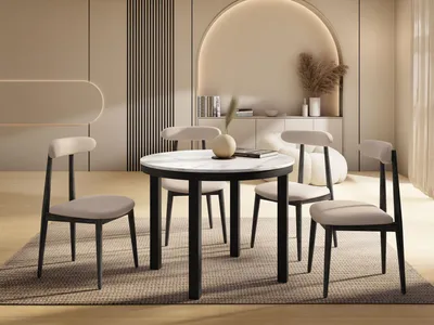 Produktbild von Runder Ausziehbarer Esstisch mit Schwarzem Metallgestell – Tisch mit Schwarzen Metallbeinen im Loft-Stil – Platzsparender Tisch für Wohnzimmer, Esszimmer oder Küche – Weißer Marmor – 100 bis 180 cm