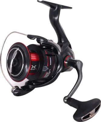A black and red fishing reel is shown against a white background.