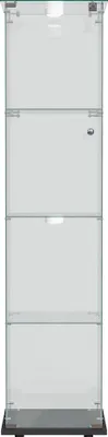 A tall, narrow glass display cabinet with a gray base and four shelves.