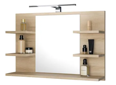 Produktbild von Badspiegel mit 5 Ablagen Badezimmerspiegel Spiegel Regal Wandspiegel Hängespiegel Badmöbel Spiegel Flurspiegel für Schlafzimmer Sonoma Eiche 80X50 LED