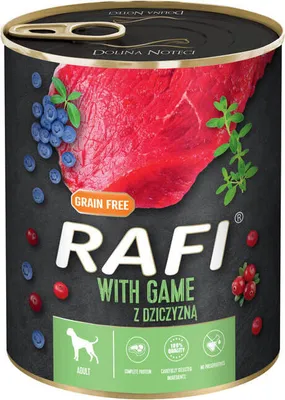 A can of dog food with an image of raw meat, blueberries, and cranberries on the label.