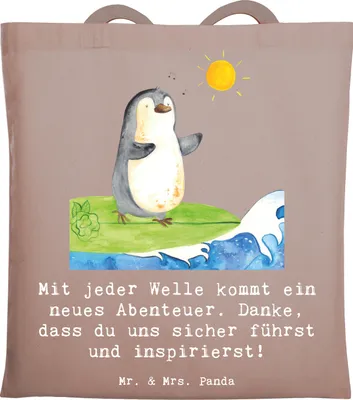 Produktbild von Mr. & Mrs. Panda Einkaufstasche Surfen Trainerin Abenteuer - Braun Pastell - Geschenk, Dankbarkeit, Danksagung, Tasche, Inspiration, Wellenreiten, Shopping, Laptoptasche