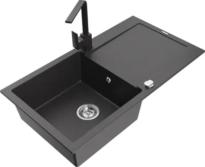 Produktbild von Mexen Leo 1 Becken-Granitspüle mit Abtropffläche und Mischbatterie Rita, Schwarz gesprenkelt - 6501-76-670300-76