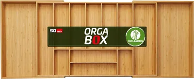 Produktbild von ORGA-BOX UNIVERSAL Besteckkasten aus Bambus verstellbar für Schrankbreite 900 - 1200 mm, Höhe 65 mm bis 13 Fächer für Schubladentiefe 473 mm Innenmaß