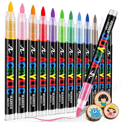 Produktbild von Acrylstifte Set 12 Farben Wasserfest Pinselspitze für Stein Holz Glas Keramik DIY Kunsthandwerk