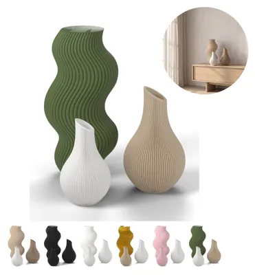 Image de Lot de 3 vases décoratifs en PLA, striés, jusqu'à 18,4 cm, 6 mélanges – Vert olive