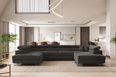 Image de Canapé d'angle en U avec fonction couchage Falio et appuie-t?te réglables, couleur graphite