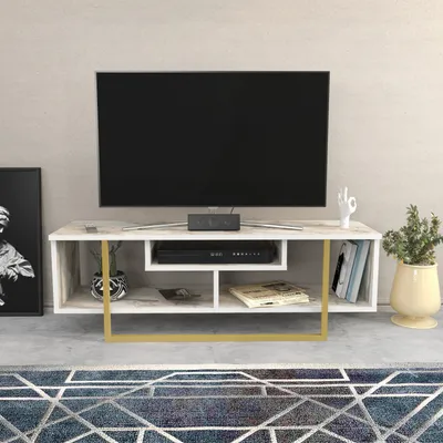 Obrázok produktu pre Skye Decor, Asal 120 - Ephesus, zlatá farba, TV stolík, biela farba, 100 % MELAMÍNOM POTRIEBENÁ SLIPBOARD, 120 x 35,2 x 40,2 cm